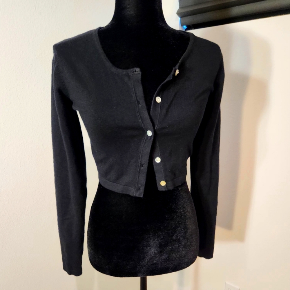 Black Cropped Cardigan Small Long Sleeve Lightweight Ribb Dark Coquette Cottage